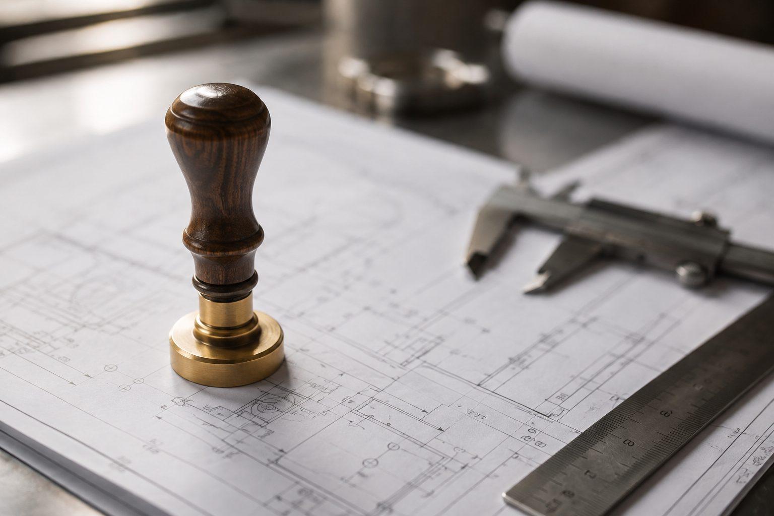 Professional engineer's seal stamp resting on technical drawings beside calipers